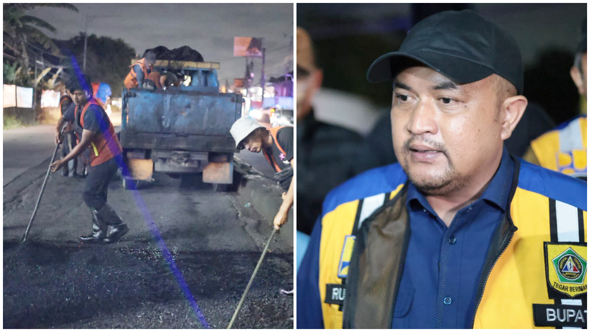 Bupati Bogor, Rudy Susmanto saat meninjau langsung perbaikan jalan di Parung dan Kemang.  