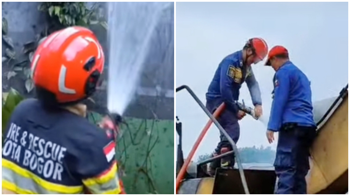 Petugas Dinas Pemadam Kebakaran dan Penyelamatan Kota Bogor melakukan pemadaman kebakaran. 