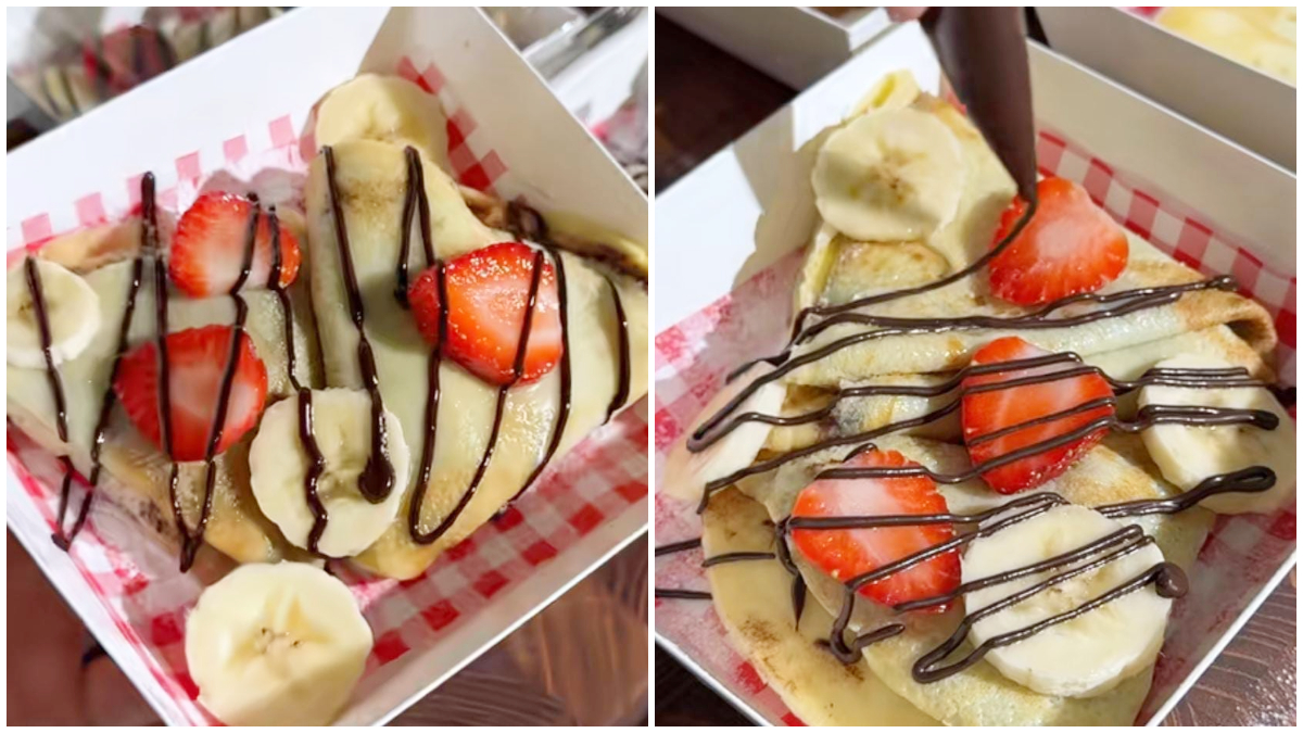 Pisang crepes coklat salju dengan taburan gula halus dan topping buah. 