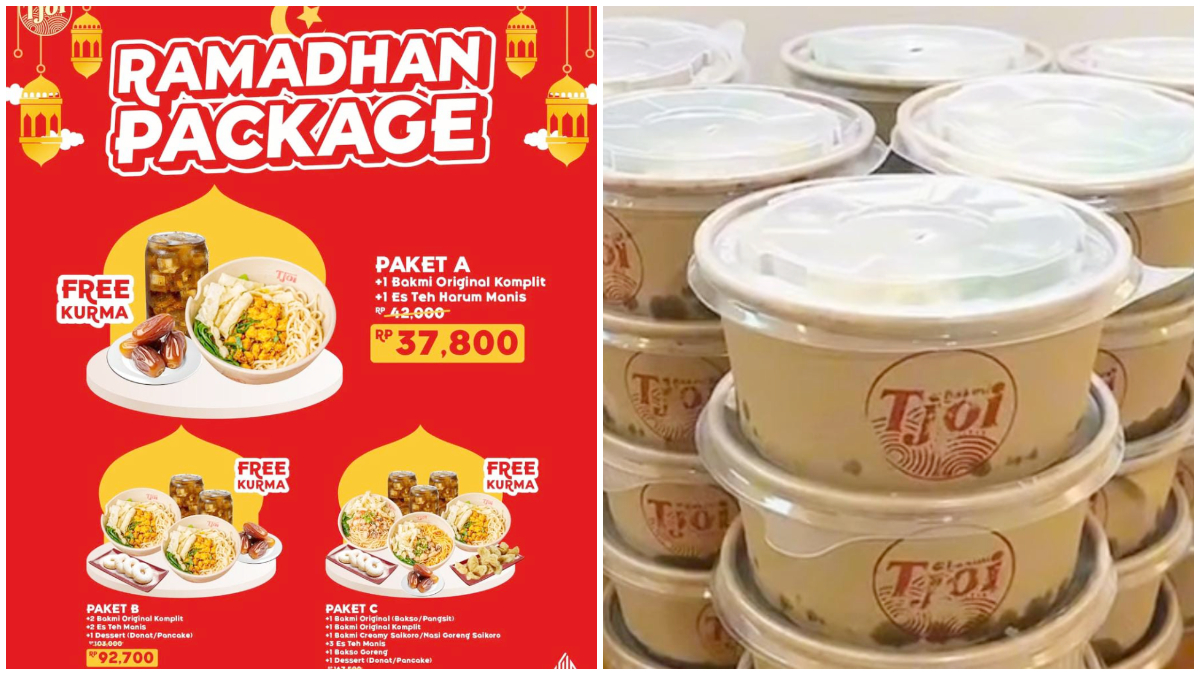 Poster promo Ramadhan Package Bakmi Tjoi lengkap dengan pilihan Paket A, B, dan C serta bonus kurma gratis. 