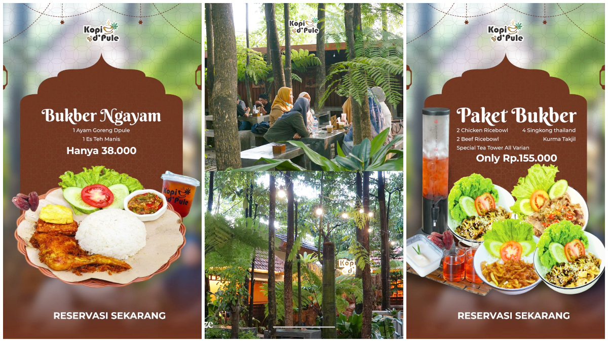 Suasana serta poster informasi paket bukber di Kopi D'Pule Bogor. 