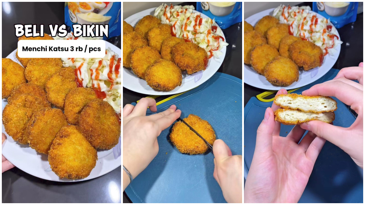 Tampilan Menchi Katsu ayam ekonomis dengan baluran panir renyah, disajikan bersama kol dan saus.