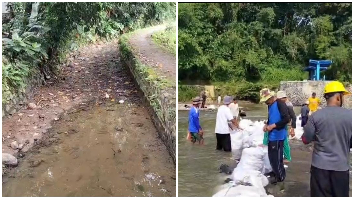 Kondisi saluran irigasi yang kekeringan. Para petani pun membangun tanggul darurat di Sungai Cibeet tepatnya di Bendungan Pandit, Kecamatan Tanjungsari, Kabupaten Bogor, Sabtu 28 Februari 2026.