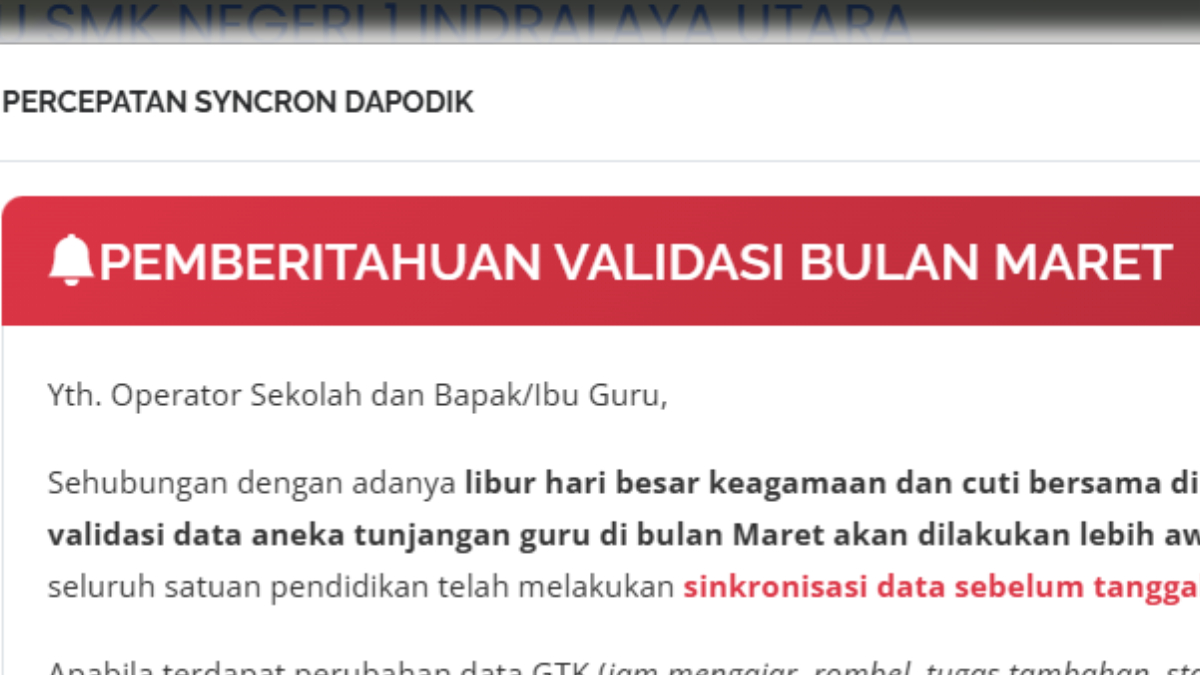 Pemberitahuan jadwal sinkronisasi Dapodik Maret 2026