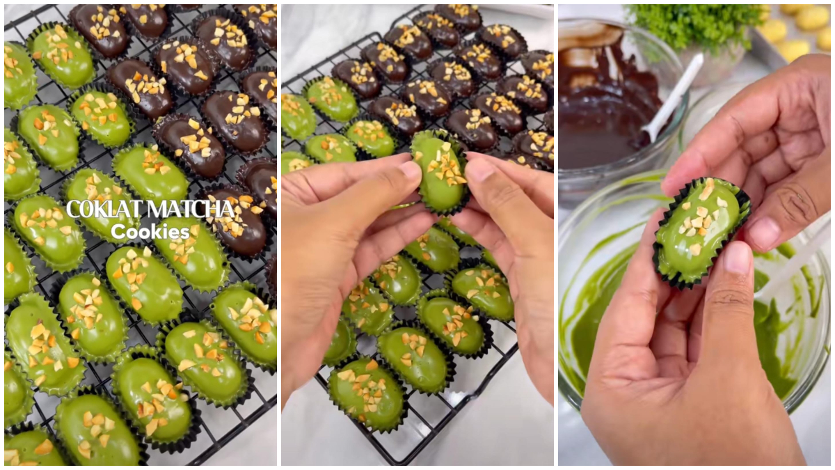Cokelat Matcha Cookies dengan lapisan cokelat dan topping kacang. 
