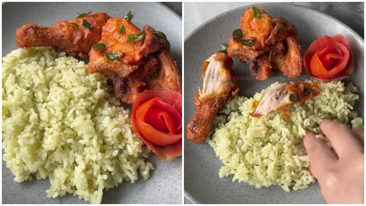 Tampilan nasi uduk pandan dengan ayam goreng rempah. 