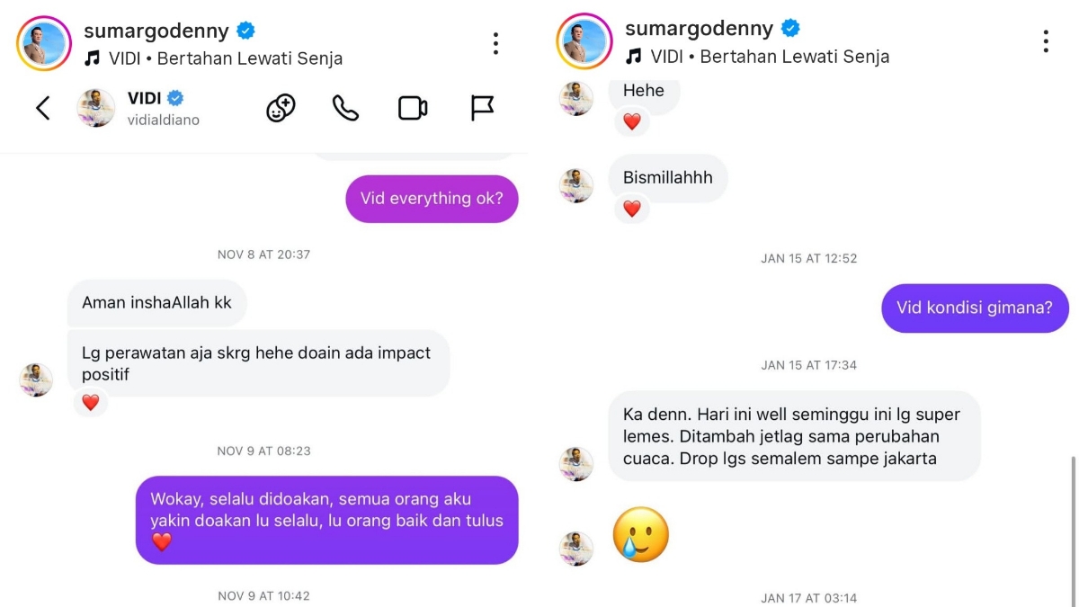 Komunikasi terakhir Denny Sumargo dan Vidi Aldiano melalui pesan Instagram.