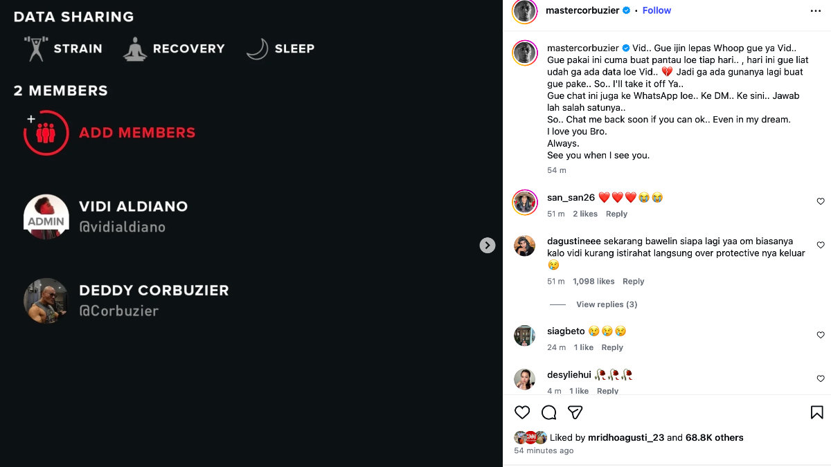 Unggahan Deddy Corbuzier soal izin melepas alat pemantau kesehatan bersama Vidi Aldiano.