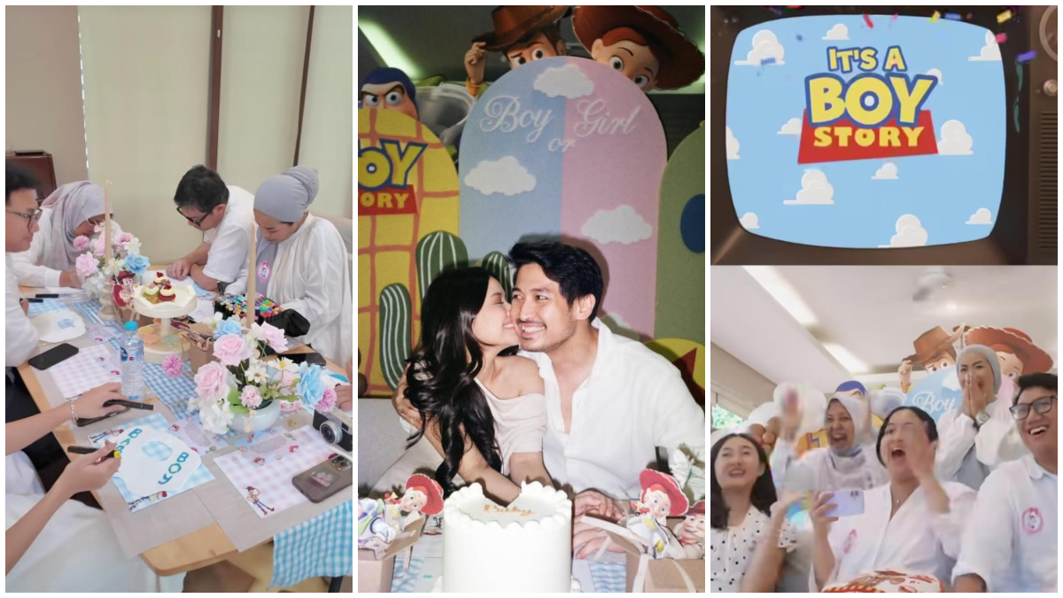 Suasana pesta gender reveal anak pertama pasangan Hanggini dan Luthfi Aulia yang mengusung konsep Toy Story. 