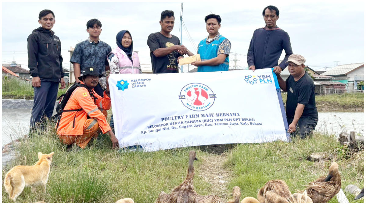 Penyaluran bantuan tahap ketiga dari PLN kepada kelompok usaha Poultry Farm Maju Bersama di wilayah sekitar GITET Muara Tawar.