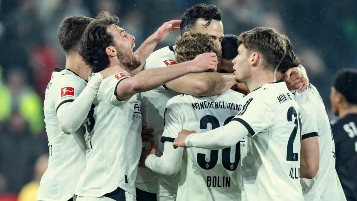 Para pemain Borussia M&ouml;nchengladbach melakukan selebrasi usai kalahkan&nbsp;FC St. Pauli, Sabtu 14 Maret 2026.