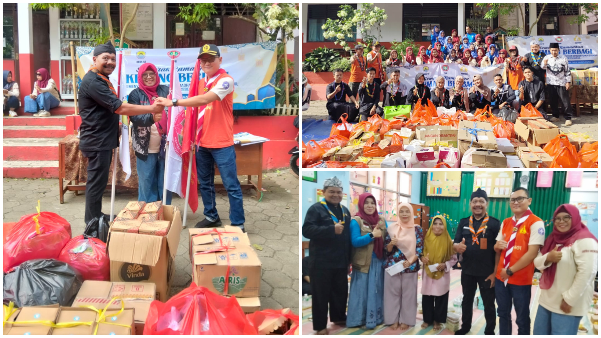 Pembagian ribuan paket takjil kepada masyarakat oleh guru dan anggota Pramuka di halaman SDN Jampang Pondok Udik pada Kamis, 12 Maret 2026.