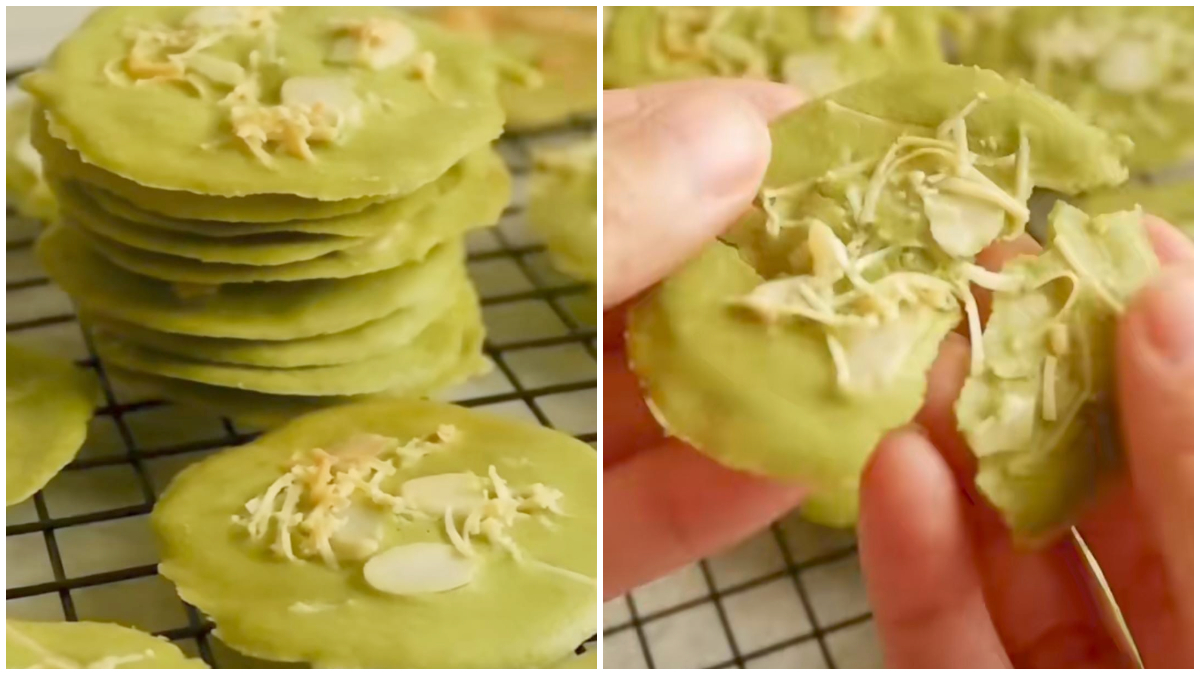 Matcha Almond Crispy, kue kering tipis dengan aroma matcha dan topping almond yang cocok disajikan saat Lebaran. 