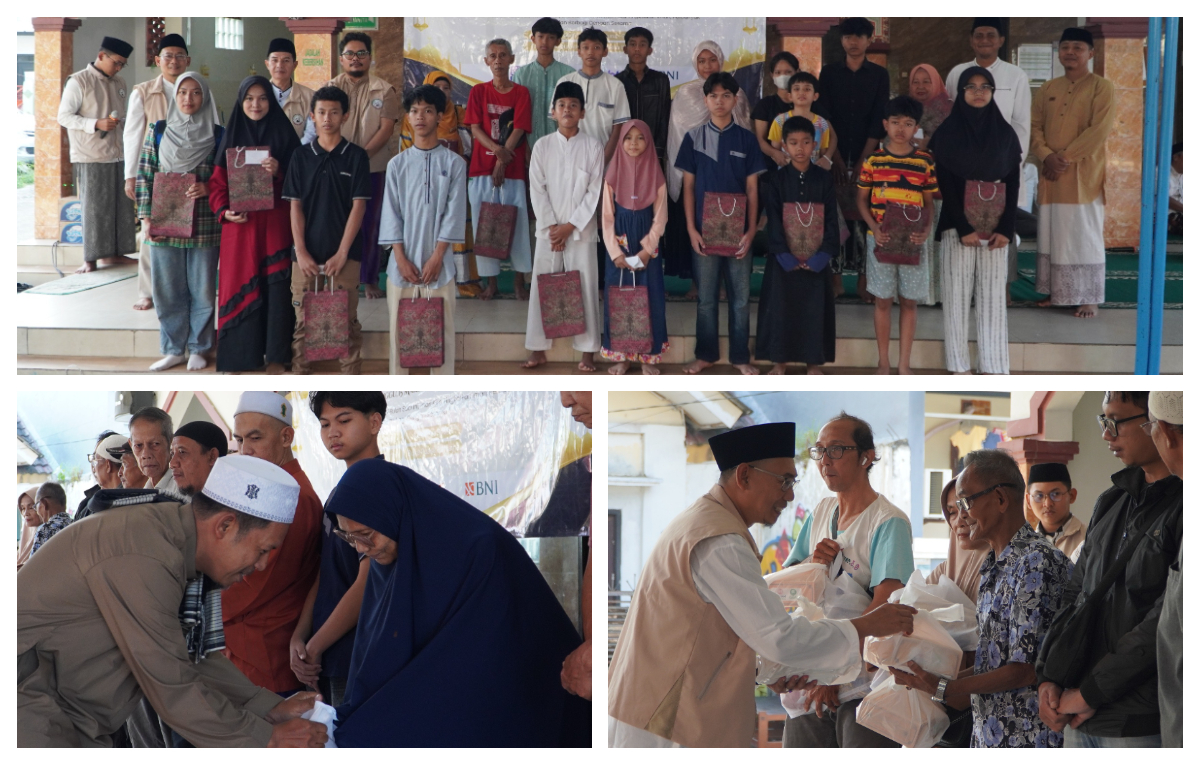 Pengurus DKM Mushola Al-Hidayah, Perum Pesona Cilebut Dua, Desa Cilebut Barat, Kecamatan Sukaraja, Kabupaten Bogor, membagikan paket sembako kepada anak yatim dan kaum dhuafa.