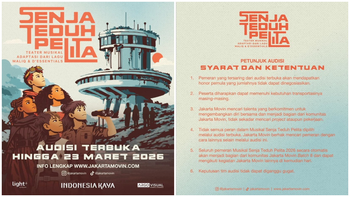 Poster dan unggahan resmi open audisi teater musikal Senja Teduh Pelita. 