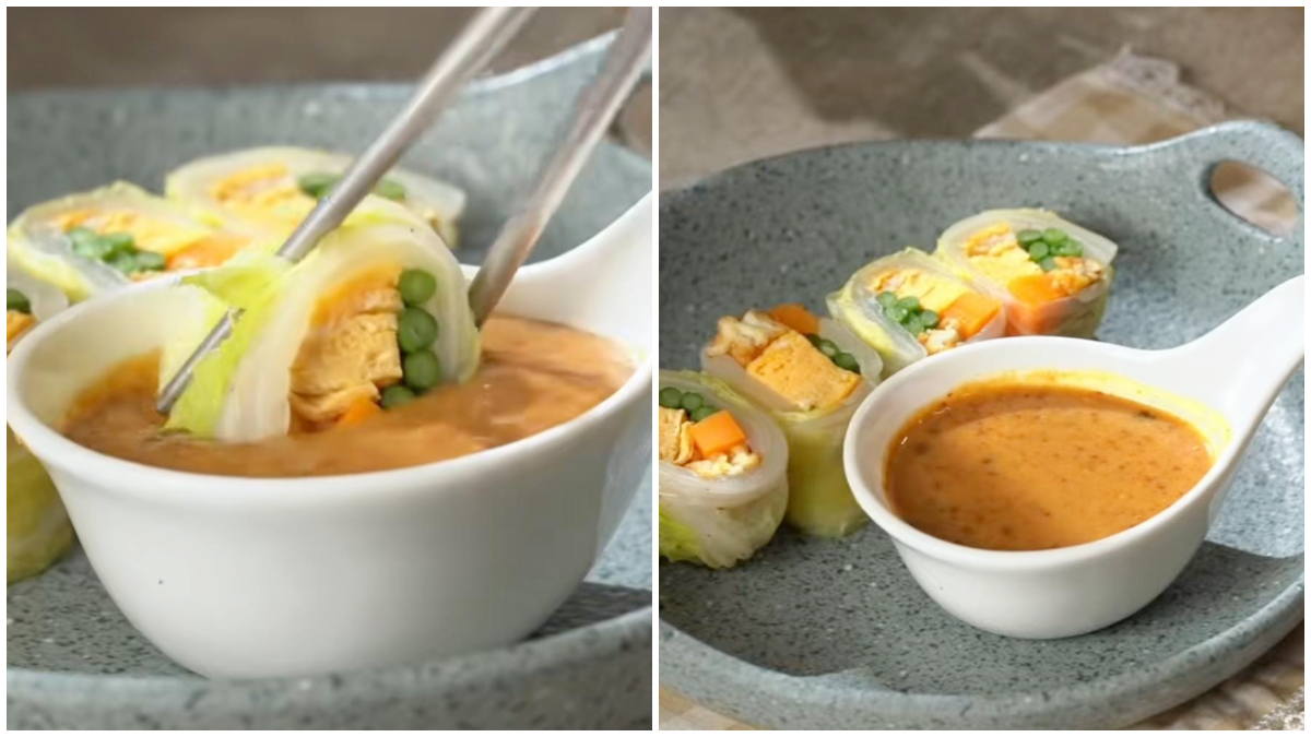 Gado-gado roll dengan isian sayuran, tempe, dan telur dadar yang digulung menggunakan sawi putih, disajikan bersama bumbu kacang. 