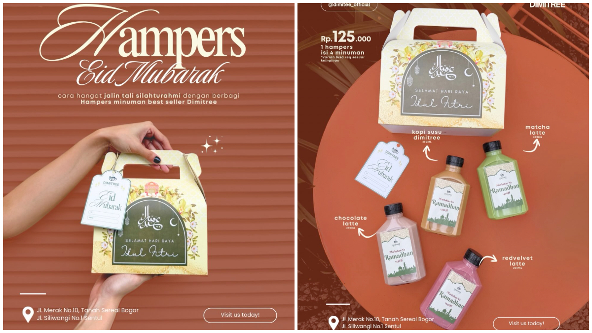 Paket hampers Lebaran dari Dimitree Cafe berisi empat varian minuman dengan kemasan bernuansa Idul Fitri. 