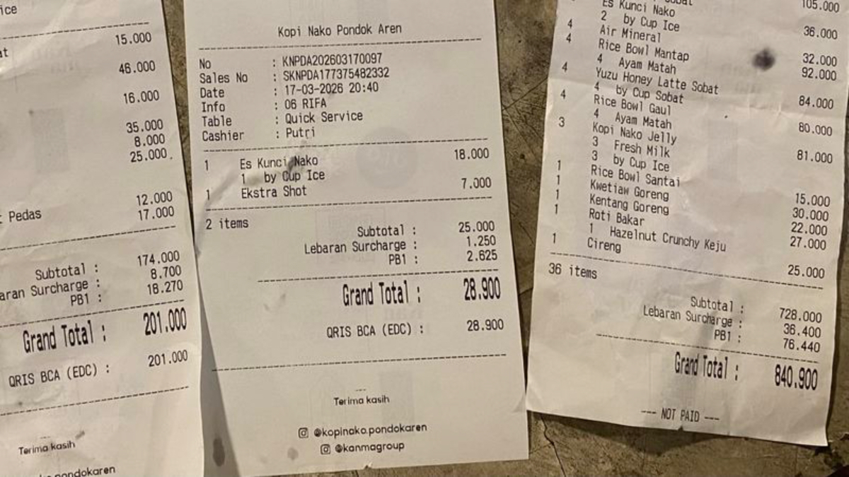 Tagihan subcharge lebaran di Kopi Nako yang lagi ramai dibicarakan di sosial media.