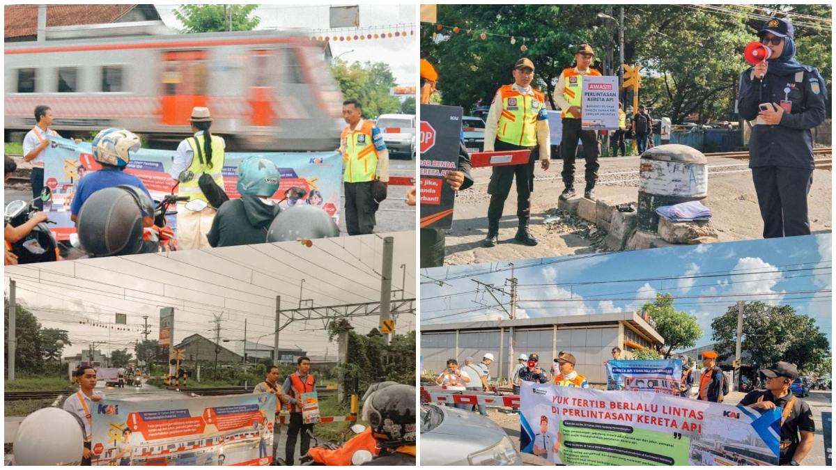 Kegiatan sosialisasi keselamatan di pintu perlintasan kereta oleh petugas KAI Commuter Line di berbagai wilayah operasional. 