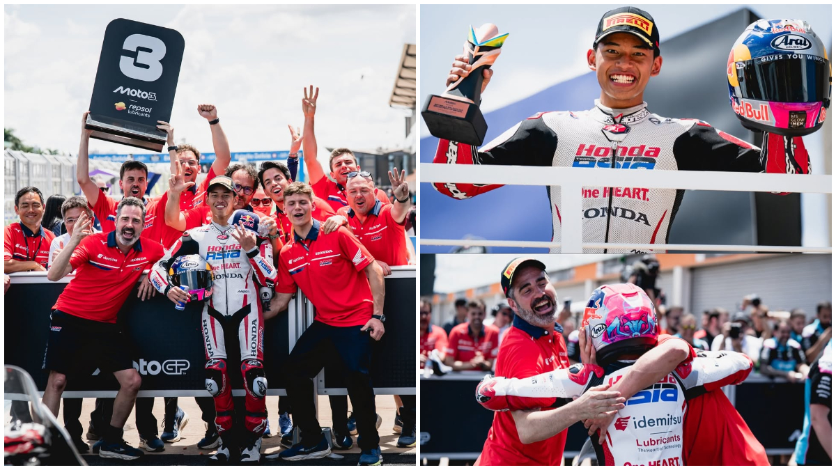 Pembalap Indonesia Veda Ega Pratama merayakan keberhasilannya meraih podium ketiga pada ajang Moto3 Brasil 2026.
