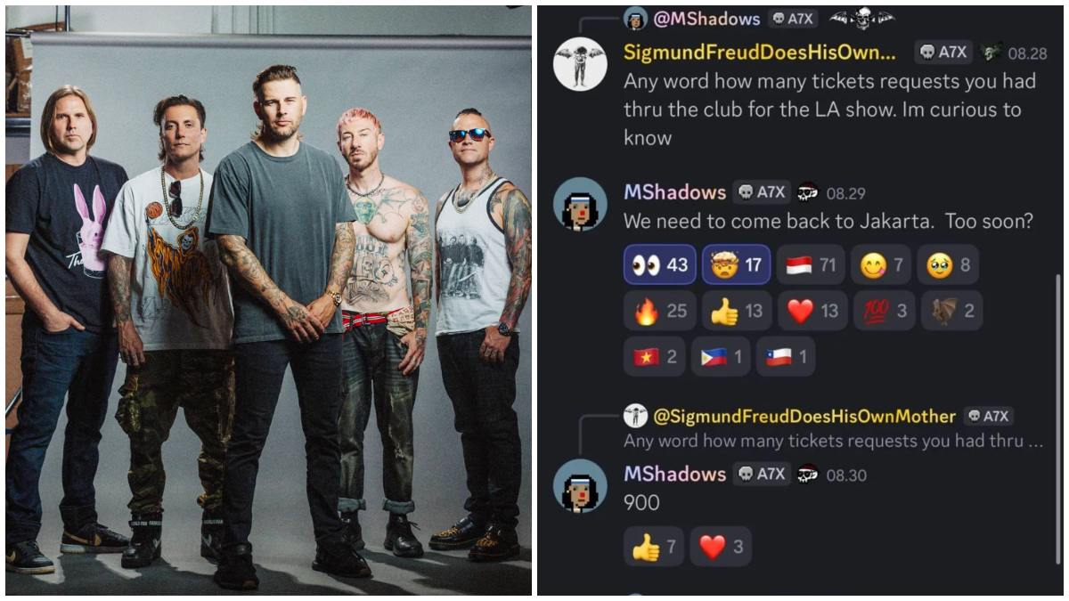 Tangkapan layar pernyataan M. Shadows di Discord serta unggahan teaser promotor terkait konser Avenged Sevenfold di Jakarta. 