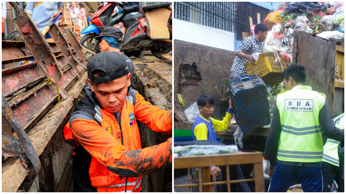 Proses pembersihan sampah di kawasan Suryakencana Kota Bogor. 