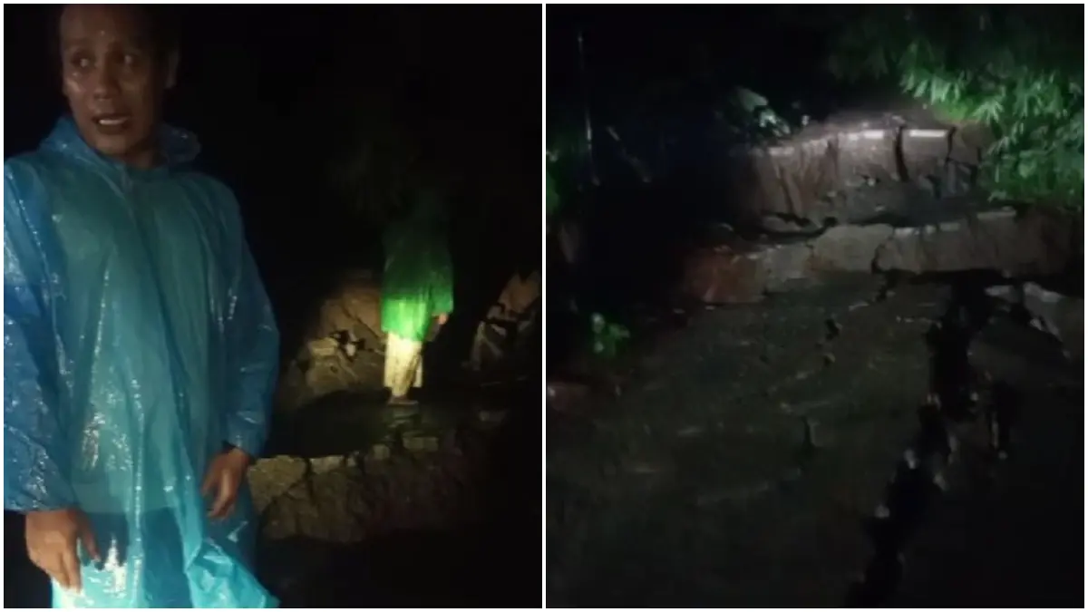 Jalan di Kampung Malingping RT 01 RW 09 Desa Sukasari, Kecamatan Rumpin, Kabupaten Bogor amblas Kamis malam, 2 April 2026.   (Nasir/ Radar Bogor)