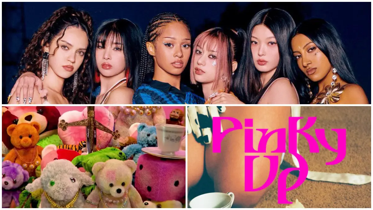 Potret KATSEYE dan poster serta cuplikan dari teaser PINKY UP. (Foto: Akun X @katseyeworld)