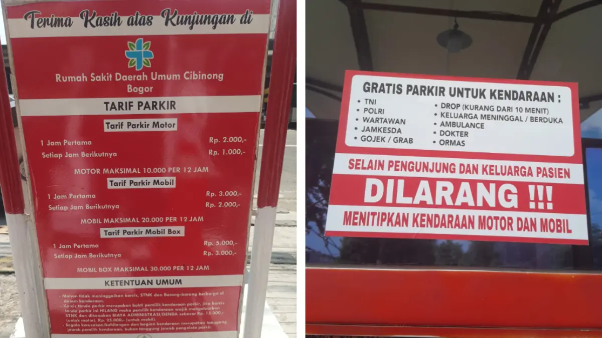 Tarif parkir di RSUD Bakti Pajajaran Cibinong, Kabupaten Bogor. Foto: Dok. PT Baraya Hiraya