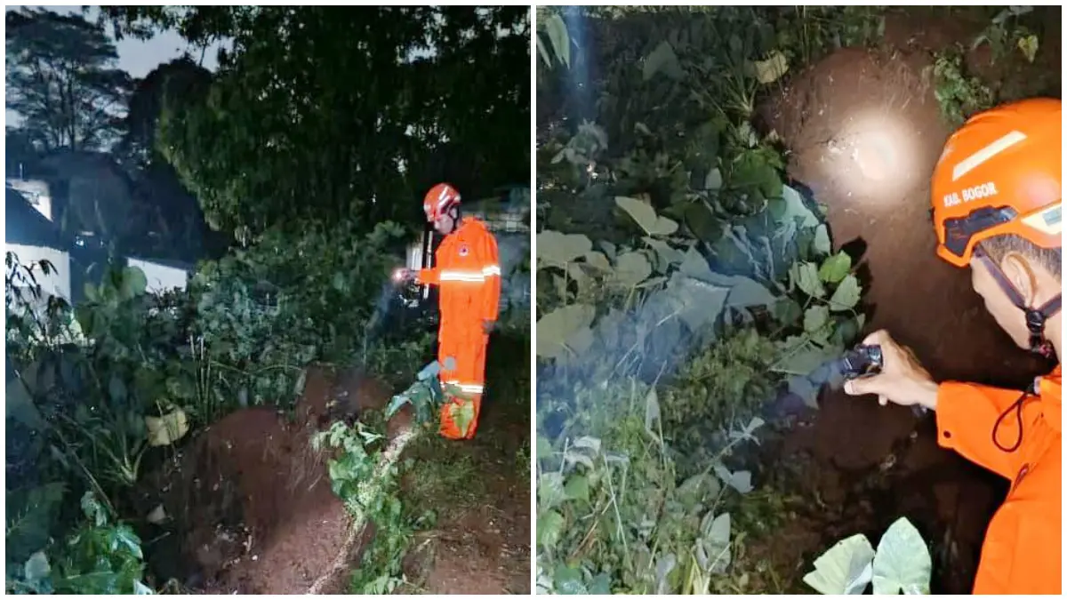 Anggota BPBD Kabupaten Bogor saat menangani tanah longsor dan banjir di Kecamatan Sukaraja, Kabupaten Bogor. (Foto: BPBD for Radar Bogor)