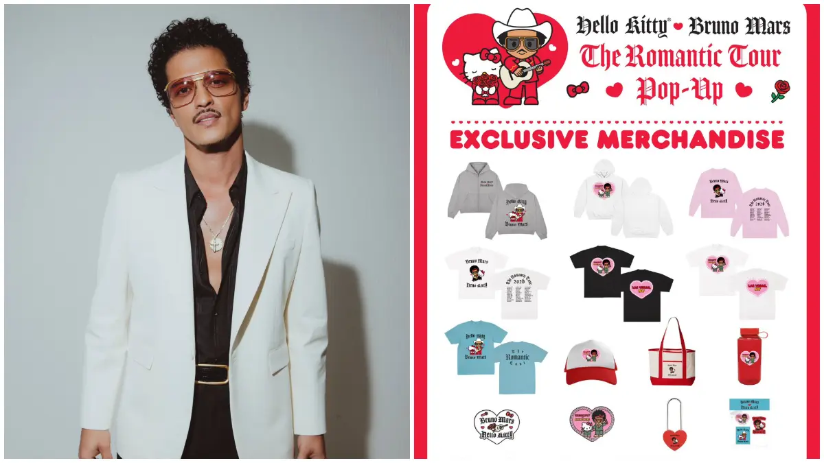 Potret Bruno Mars dan katalog kolaborasinya bersama Hello Kitty. (Foto: Akun X @BrunoMars dan @hellokitty)