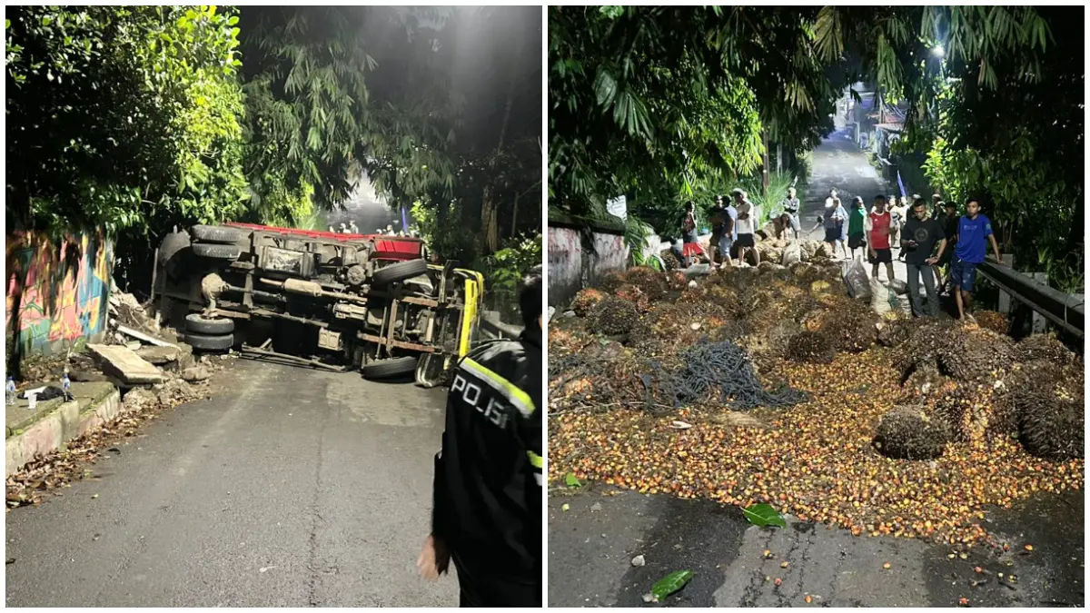 Proses evakuasi truk pengangkut sawit yang terguling di Jalan Manunggal Kota Bogor. Evakuasi ini selesai pada pagi hari tadi. (Foto: Polresta for Radar Bogor)