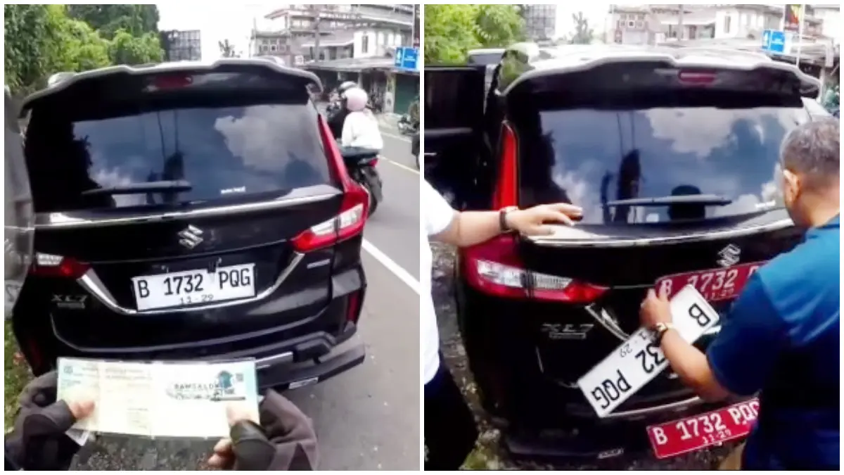 Tangkapan layar video Anggota Satlantas Polres Bogor saat memberhentikan dan memeriksa kendaraan di Jalur Puncak yang mengganti pelat merah menjadi pelat putih.  (Foto : tangkapan layar dari akun Instagram @dulyanidul)