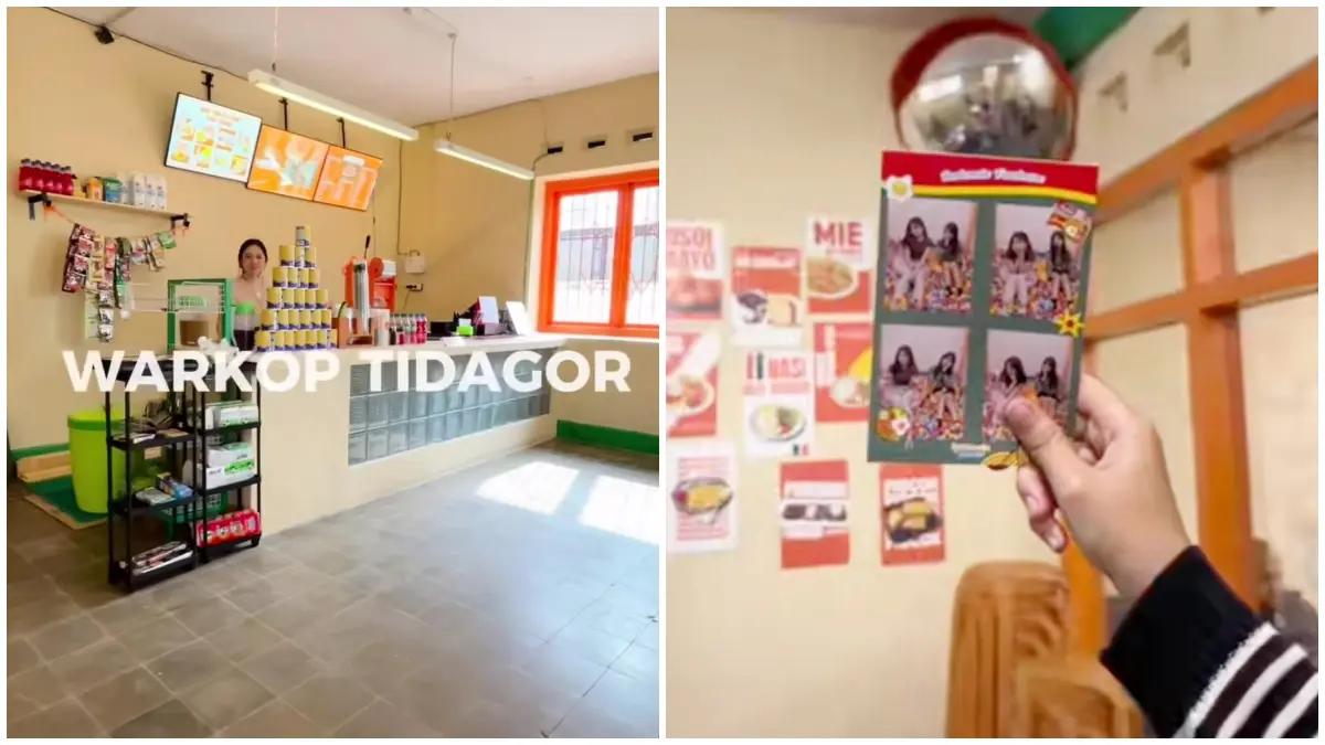 Suasana Warkop Tidagor dengan konsep estetik dan fasilitas photobox mandi bola di Bogor. (Foto: Instagram @warkop.tidagor dan TikTok @photobin.id)
