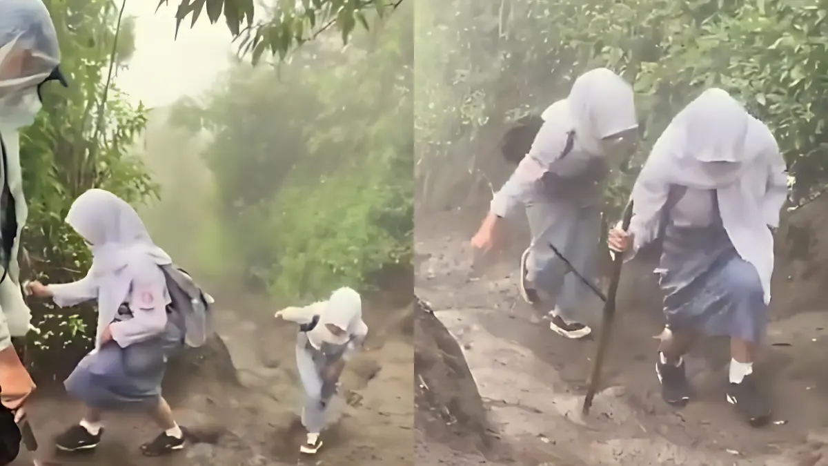 VIRAL : 2 siswi SMA mengenakan seragam lengkap dan berkerudung tengah berjalan menanjak di kawasan Gunung Merbabu.  (Foto : X @B3doel___)