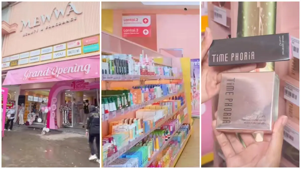 Suasana MEWA Beauty Bogor dengan konsep estetik serta koleksi produk kecantikan yang lengkap. (Foto: TikTok @melfakulinerviral dan @helmaliadc_)