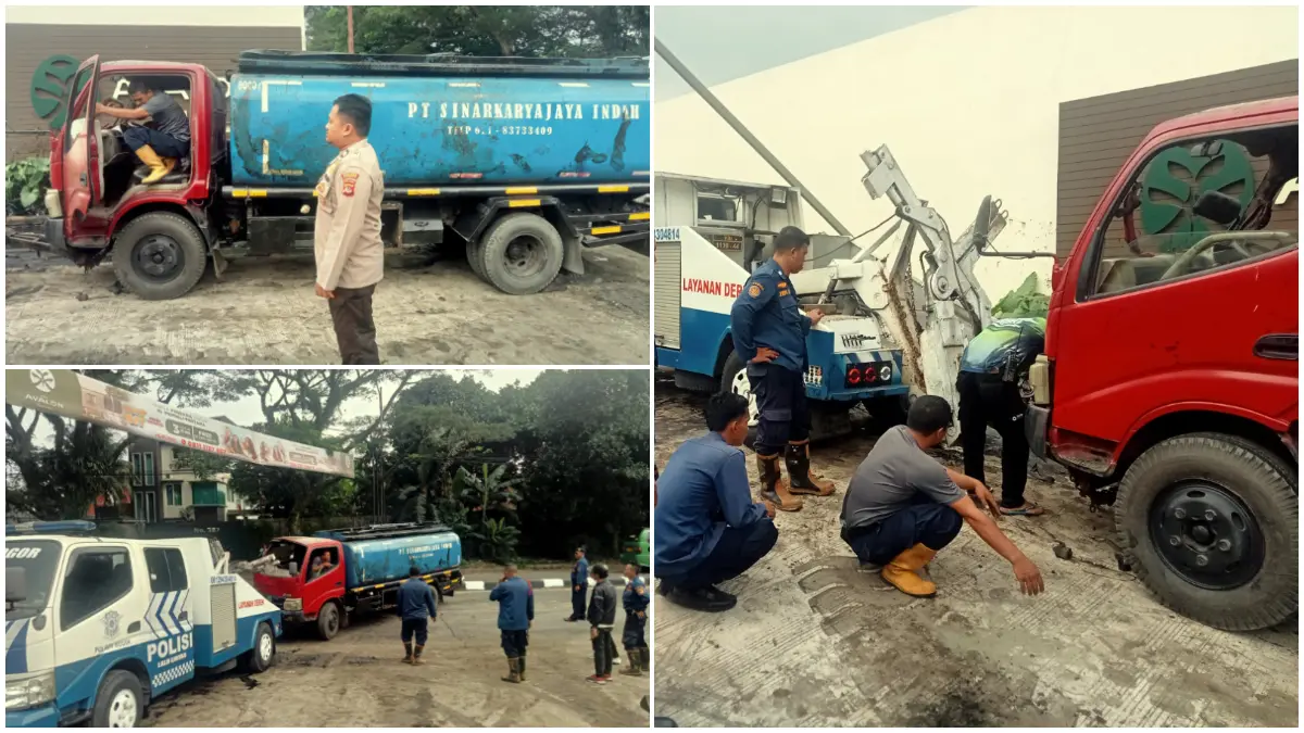 KECELAKAAN : Truk pengangkut oli terguling di Jalan Kemang-Parung Bogor, Senin 13 April 2026. (Nasir/ Radar Bogor)