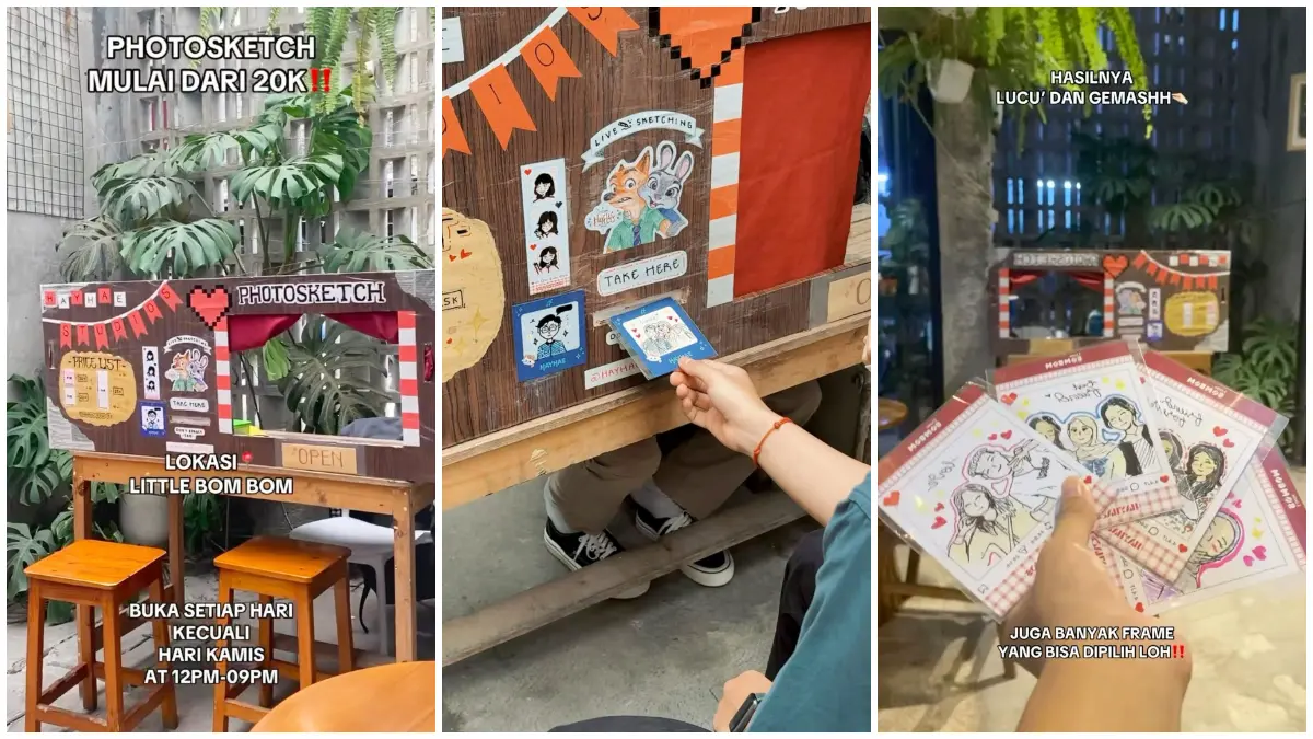 Abadikan momen dengan hasil sketsa unik langsung di live photobooth sketch Little Bom Bom. (Foto: Instagram @littlebombom.id & @hayhaestudios_)