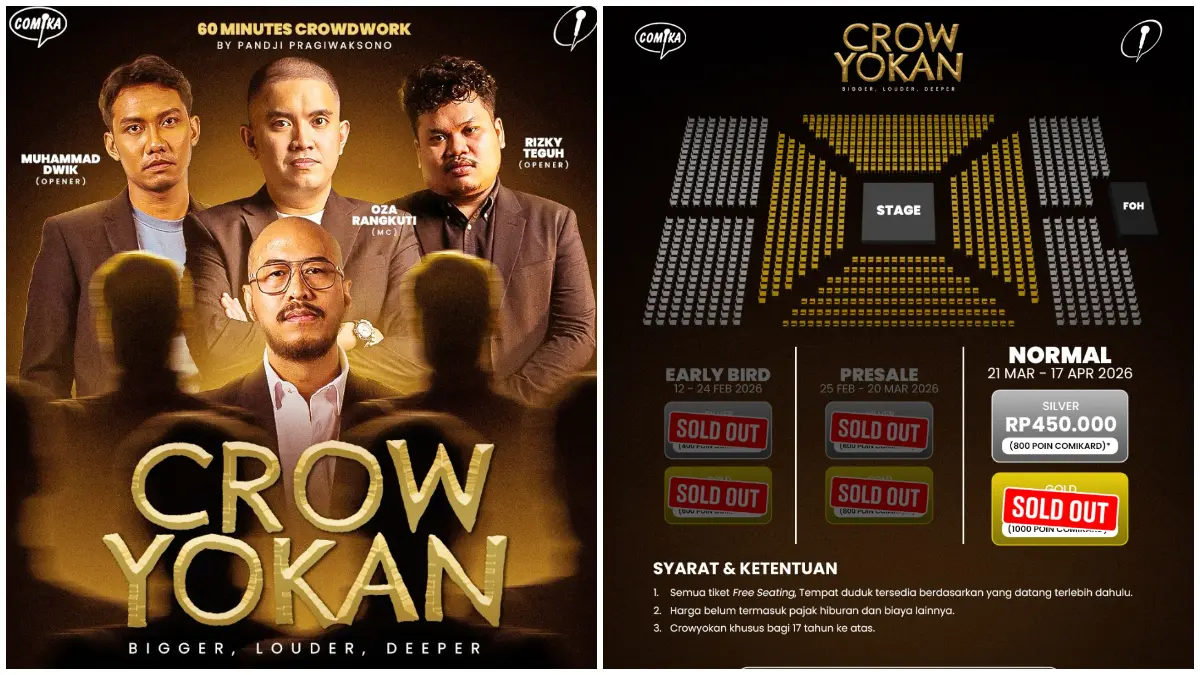 Poster pertunjukan stand up comedy Crowyokan oleh Panji Pragiwaksono yang akan digelar di Bali United Studio, Jakarta Barat. (Foto: Instagram @comikaevent)