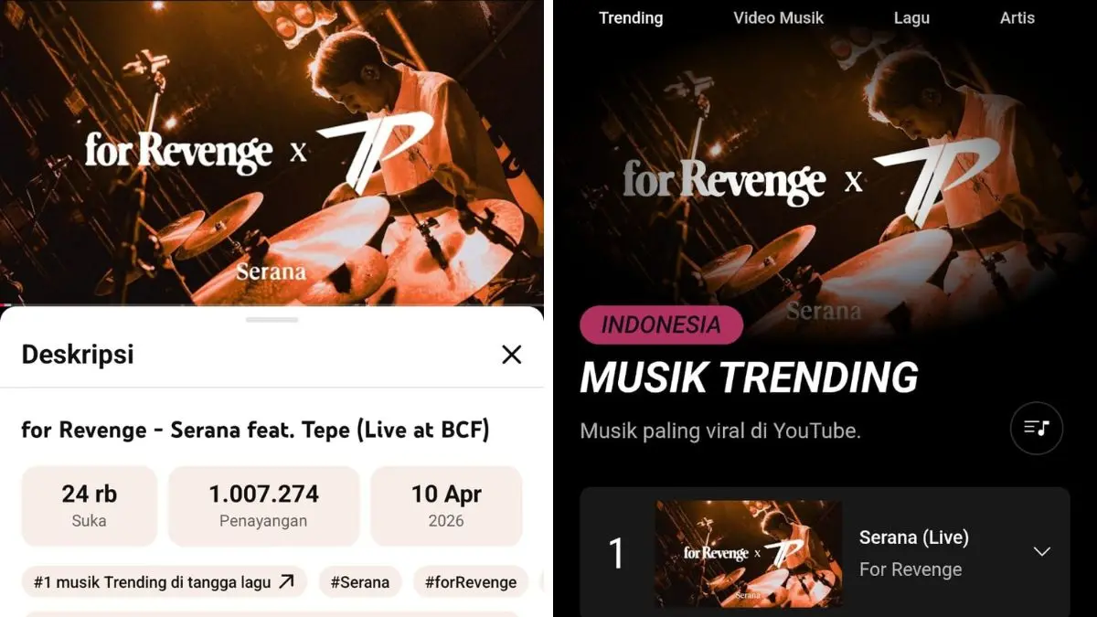 Tampilan YouTube Charts Indonesia yang menunjukkan lagu Serana (Live) dari for Revenge feat Tepe berada di posisi pertama trending. (Foto: YouTube Charts Indonesia)