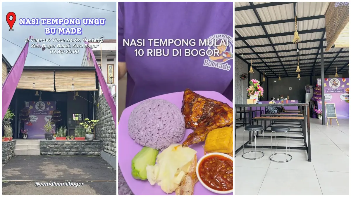 Suasana Nasi Tempong Ungu Bu Made dan menu yang disajikan. (Foto : Instagram @nasitempongungu_bumade)
