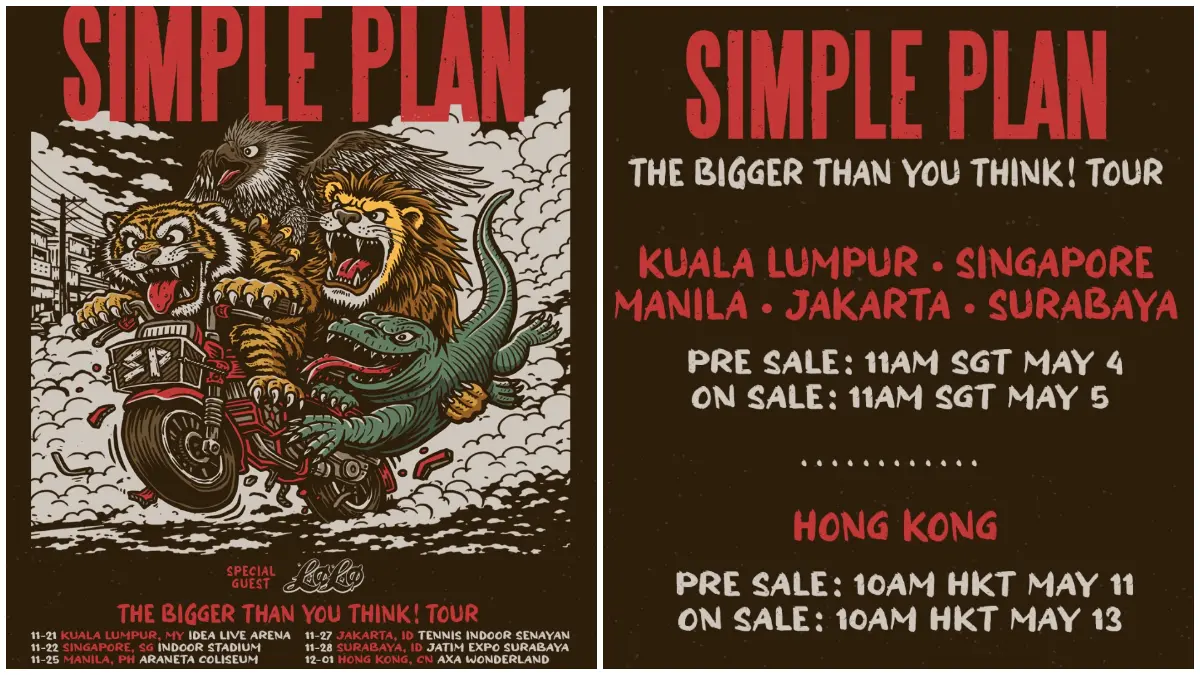 Poster tur The Bigger Than You Think! milik Simple Plan yang mengumumkan jadwal konser di Asia Tenggara, termasuk Indonesia. (Foto: Instagram @simpleplan)