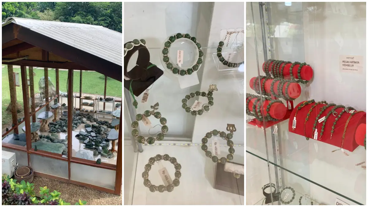 Koleksi batu giok asli Aceh yang dipajang di Dusun Giok Bogor. (Foto: Observasi lapangan dan wawancara pegawai Dusun Giok)