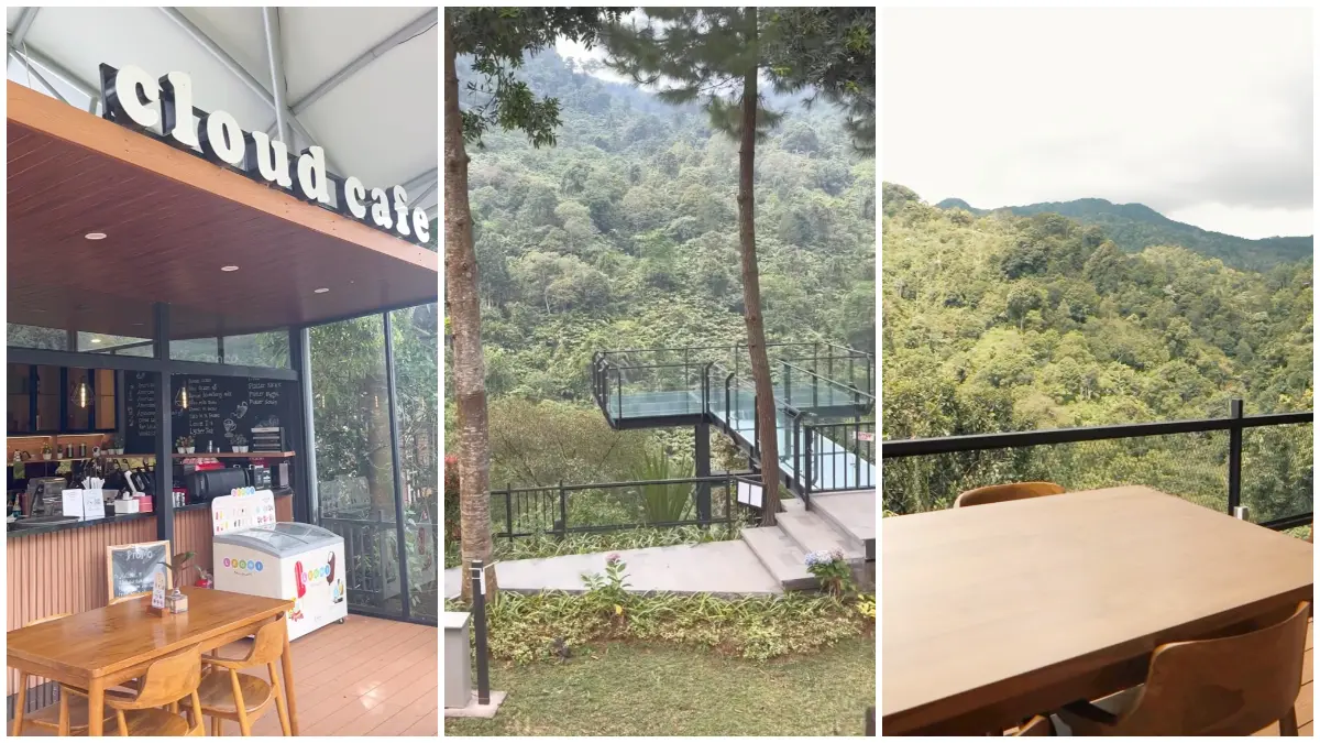 Pemandangan Cloude Cafe di atas lembah dengan latar alam hijau yang asri di kawasan Puncak Bogor. (Foto : Instagram @cloudecafe_megamendung)