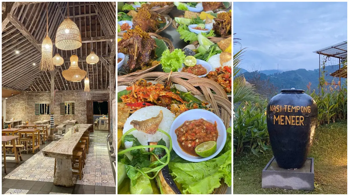 Sajian nasi tempong dengan sambal pedas khas Banyuwangi di Nasi Tempong Meneer Puncak (Foto: Instagram @nasitempongmeneer_)