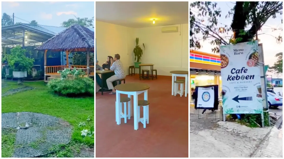 Suasana Cafe Keboen dengan area hijau dan koleksi tanaman bonsai di Bogor. (Foto : Instagram @cafekeboen)