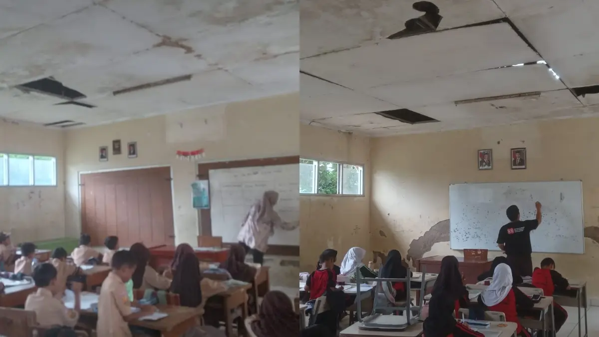 Kondisi SDN Teratai Mas di Desa Cibinong, Kecamatan Gunungsindur, Kabupaten Bogor masih rusak. (Nasir/ Radar Bogor)