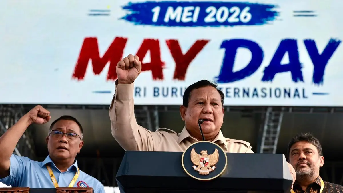 Presiden RI Prabowo Subianto hadir pada peringatan May Day 2026 bersama para buruh di Monas, Jakarta, Jumat 1 Mei 2026.(Dok. Badan Komunikasi Pemerintah/Bakom RI)