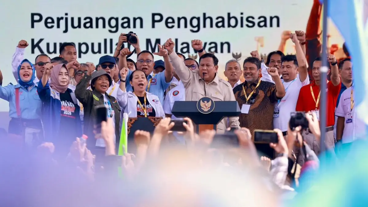 Presiden RI Prabowo Subianto saat hadir pada peringatan May Day 2026 bersama para buruh di Monas, Jakarta.(Dok. Badan Komunikasi Pemerintah/Bakom RI)