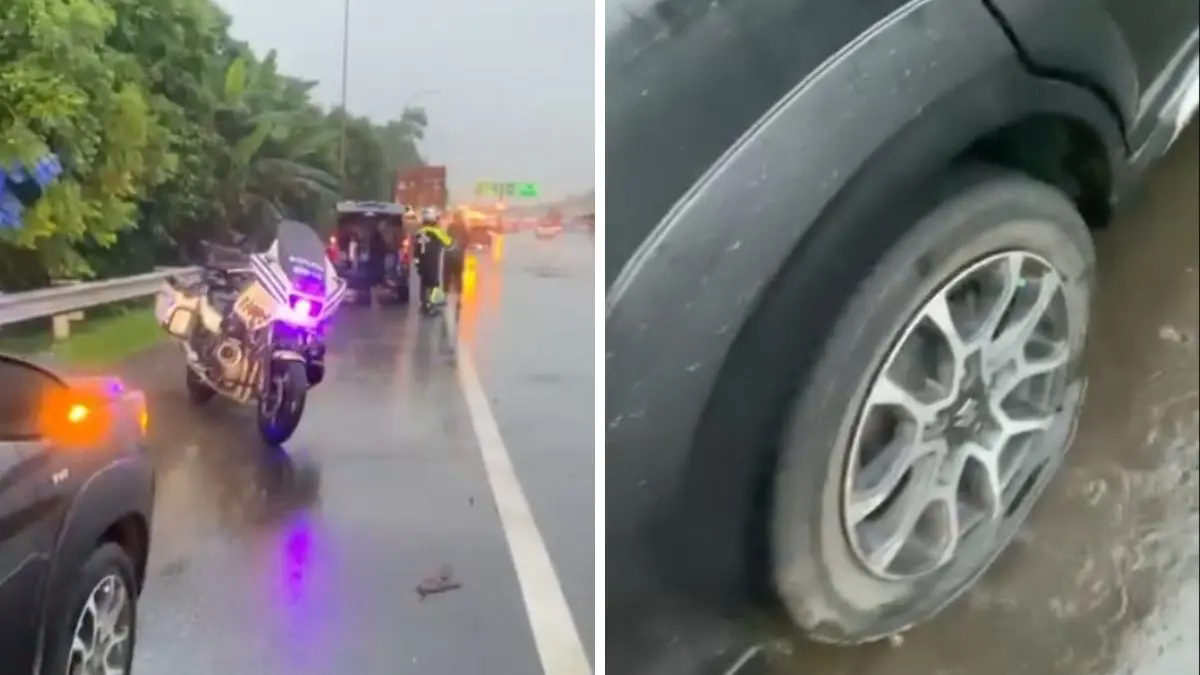 Tangkapan layar video kendaraan yang alami bocor ban saat melinta di Tol Jagorawi.